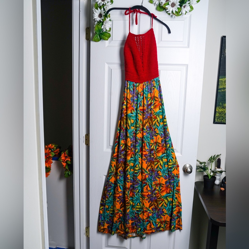 Floral Maxi Dress Crochet Top Halter Tie Neck Boho Tropical Print Large